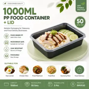 1000ml PP Food Container with Lid (50 Sets) – Food Grade Takeaway Container Malaysia