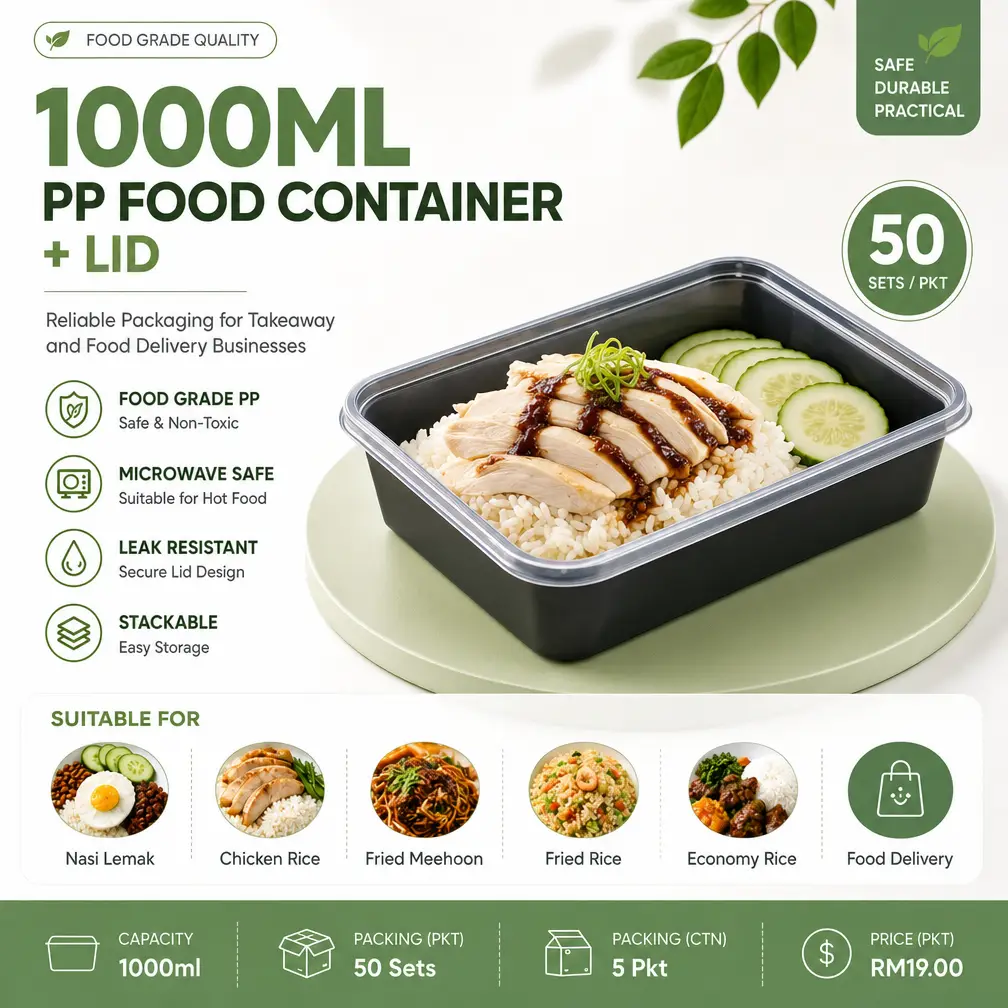 1000ml PP Food Container with Lid (50 Sets) – Food Grade Takeaway Container Malaysia